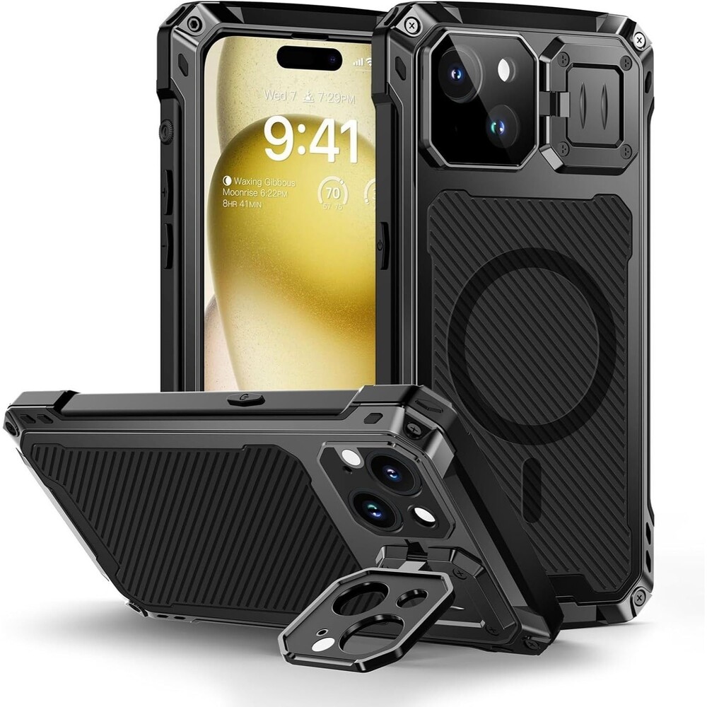 For iPhone 15 Plus Case Heavy Duty Metal Cover+Glass Screen Protector